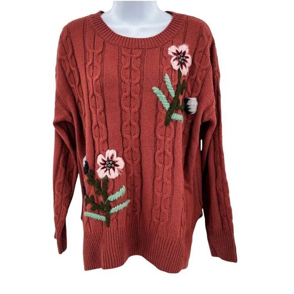 2/$30 T.I.M.I.N.G Cable Knit Stitched Yarn Flower Long Sleeve Sweater Large - Picture 1 of 8